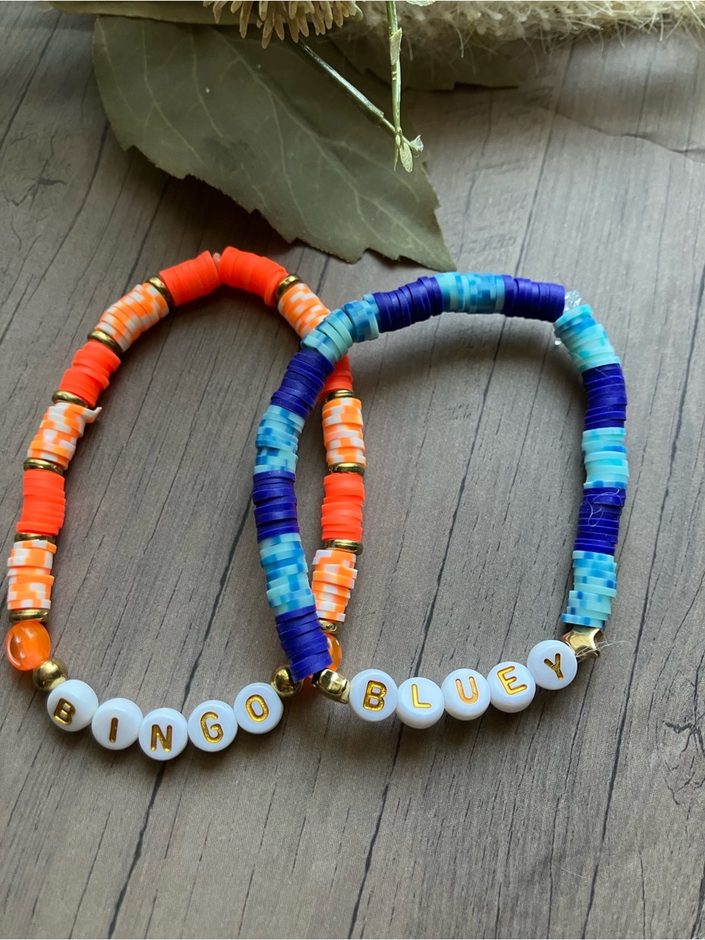 Custom Letter Bead Stretch Bracelet - Orange & Blue